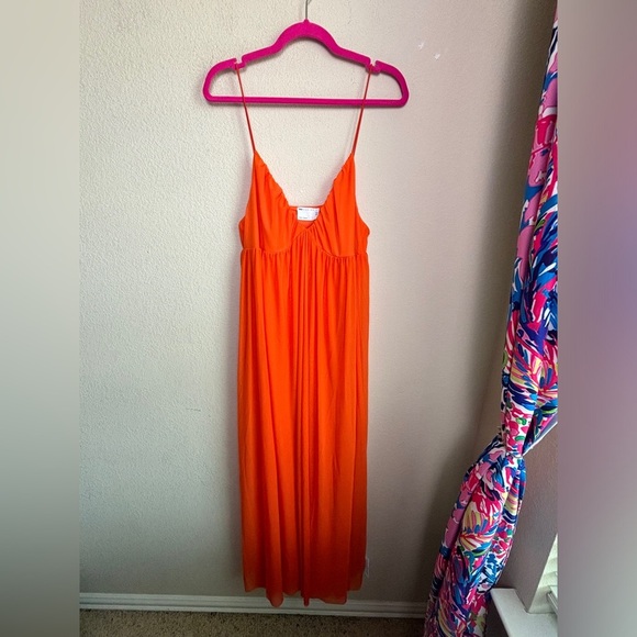 NWT ASOS Coral Orange Mesh Overlay Empire Waist Skater Maxi Dress 14 - Picture 2 of 13